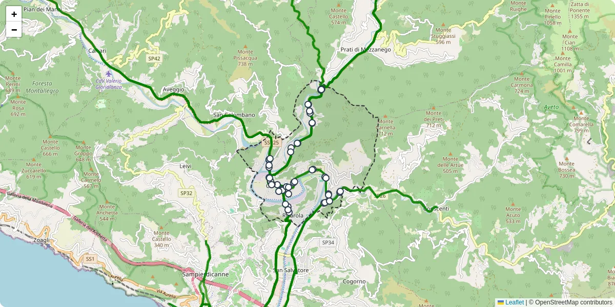 Mappa dettagliata del trasporto pubblico a Carasco con linee autobus, tram e collegamenti