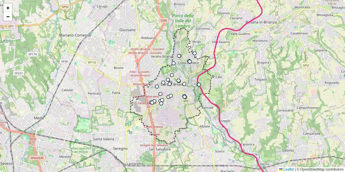 Mappa dettagliata del trasporto pubblico a Carate Brianza con linee autobus, tram e collegamenti