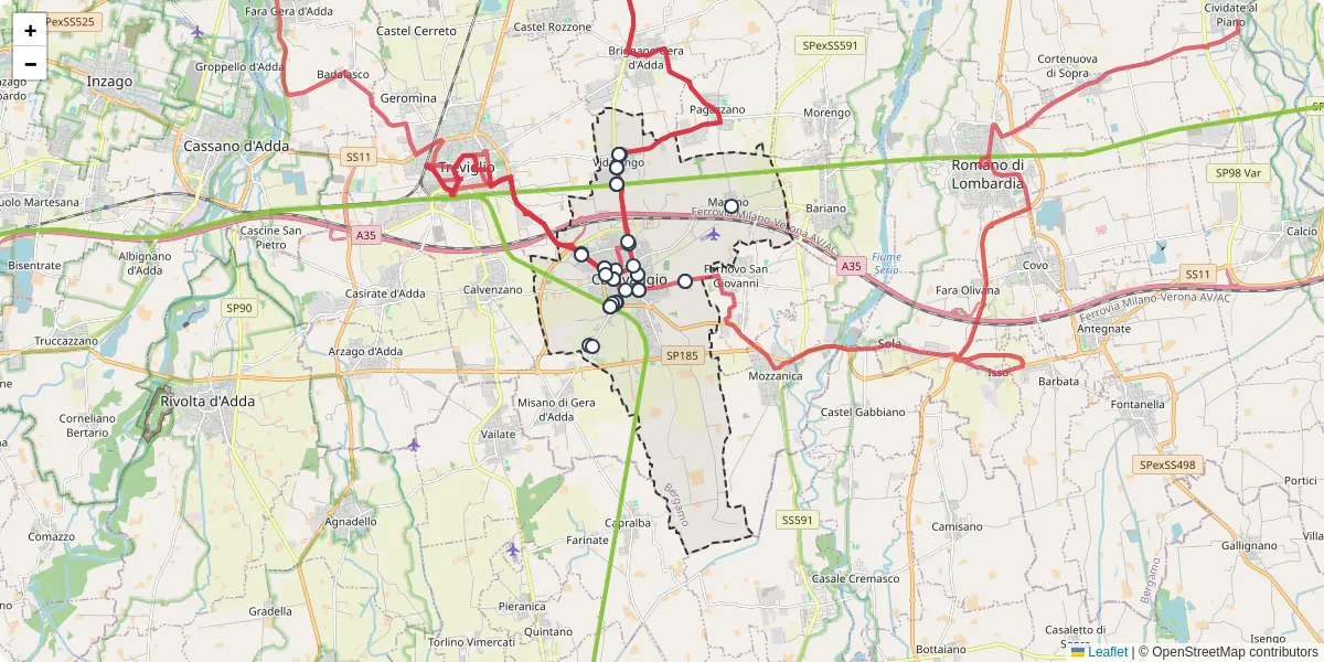 Mappa dettagliata del trasporto pubblico a Caravaggio con linee autobus, tram e collegamenti