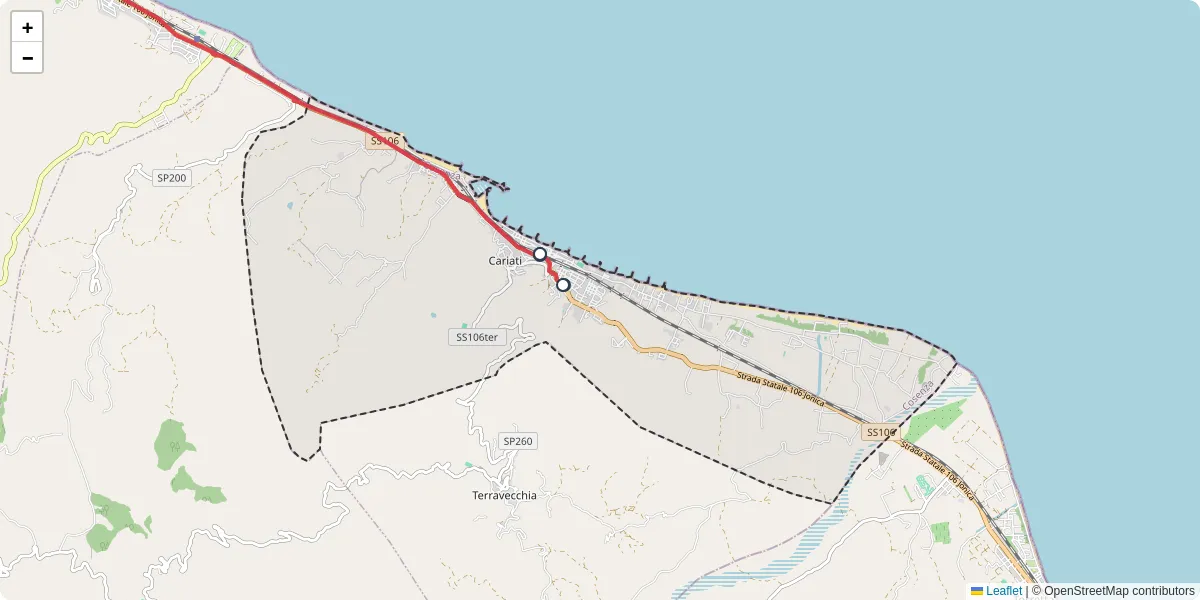 Mappa dettagliata del trasporto pubblico a Cariati con linee autobus, tram e collegamenti