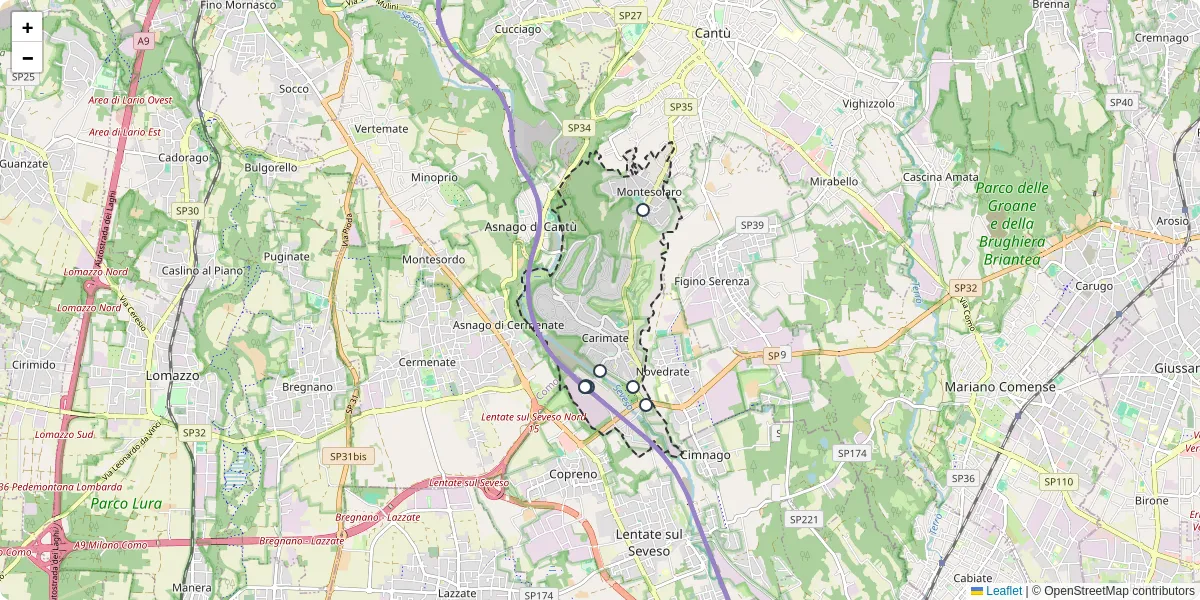 Mappa dettagliata del trasporto pubblico a Carimate con linee autobus, tram e collegamenti