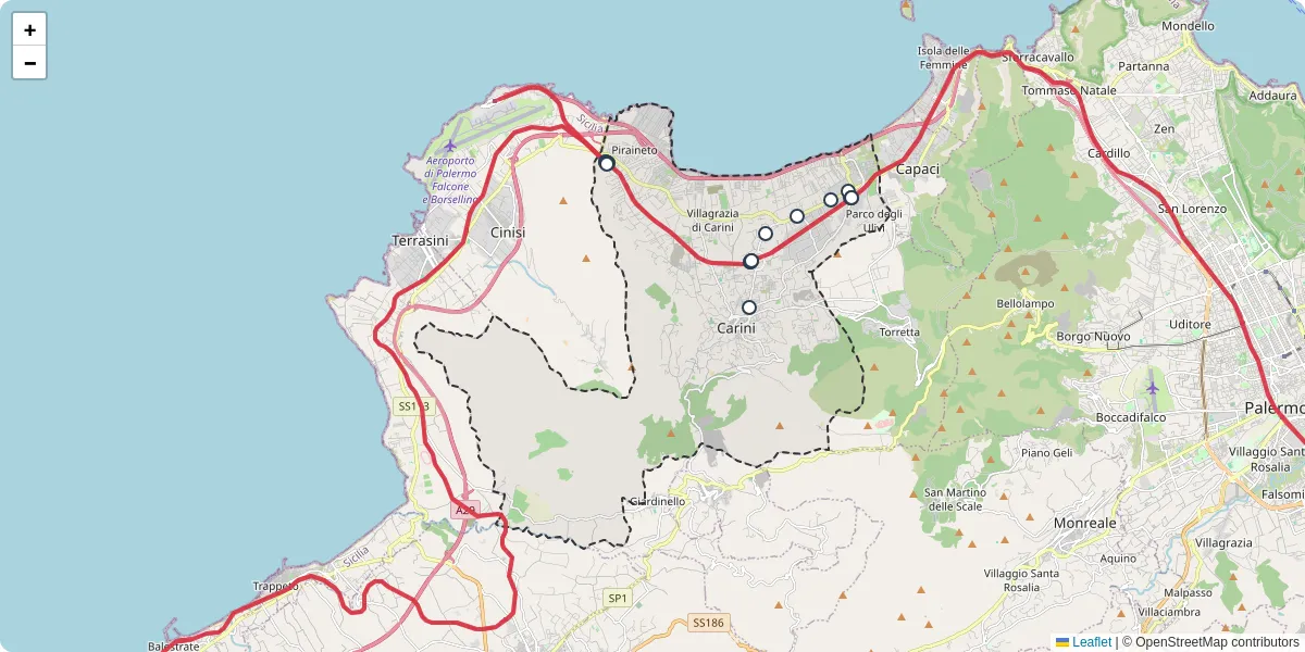 Mappa dettagliata del trasporto pubblico a Carini con linee autobus, tram e collegamenti