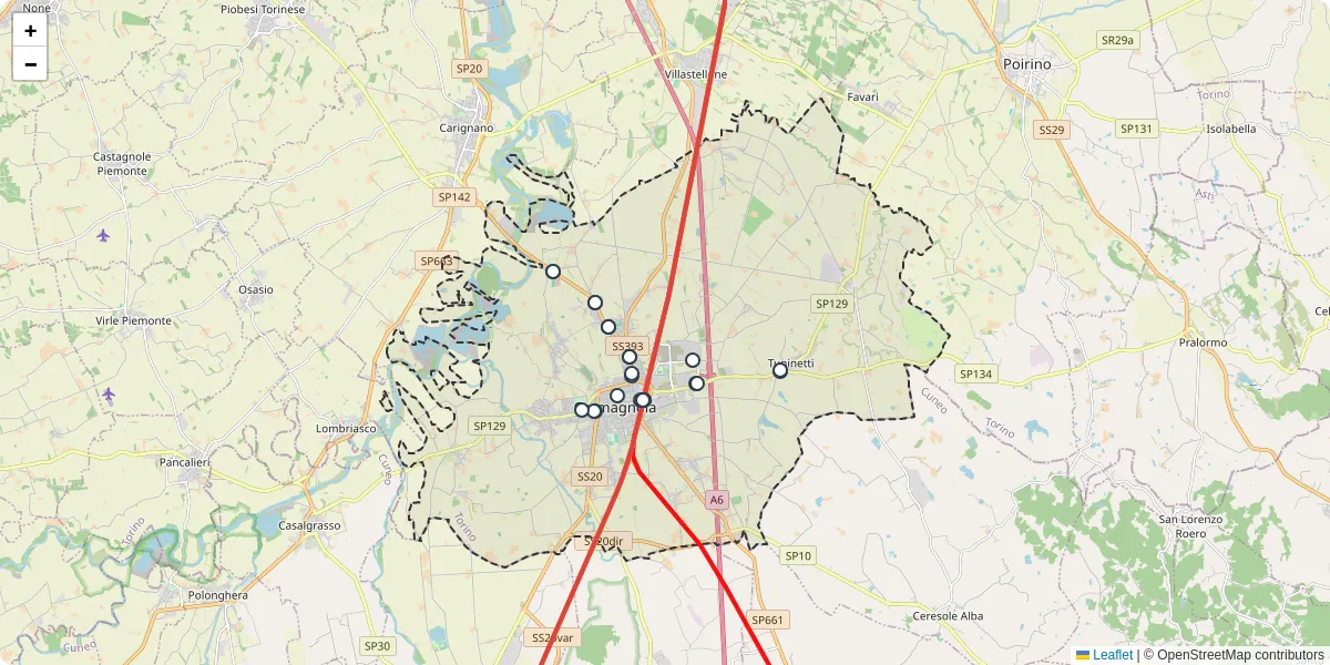 Mappa dettagliata del trasporto pubblico a Carmagnola con linee autobus, tram e collegamenti