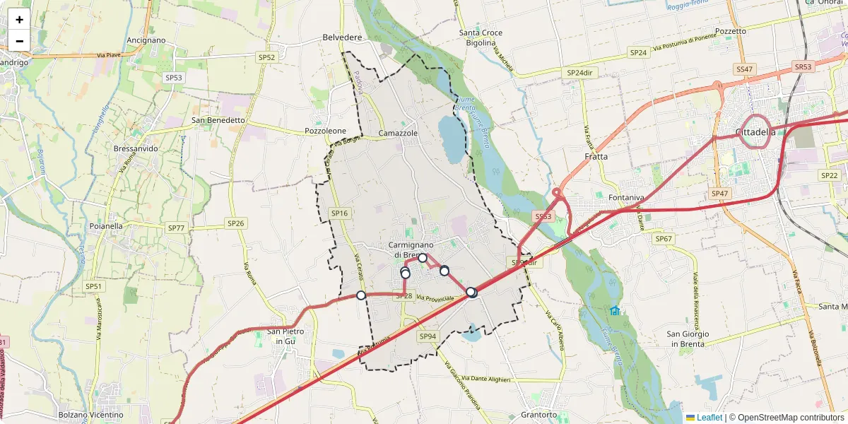 Mappa dettagliata del trasporto pubblico a Carmignano di Brenta con linee autobus, tram e collegamenti