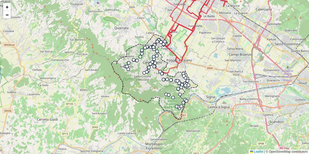 Mappa dettagliata del trasporto pubblico a Carmignano con linee autobus, tram e collegamenti