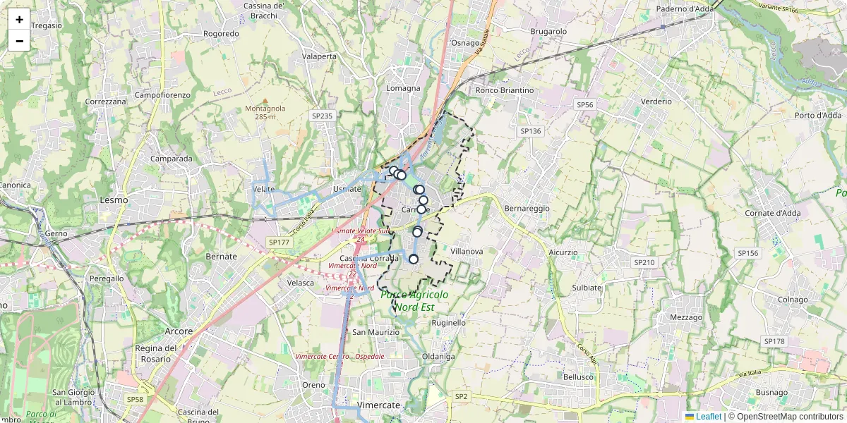 Mappa dettagliata del trasporto pubblico a Carnate con linee autobus, tram e collegamenti