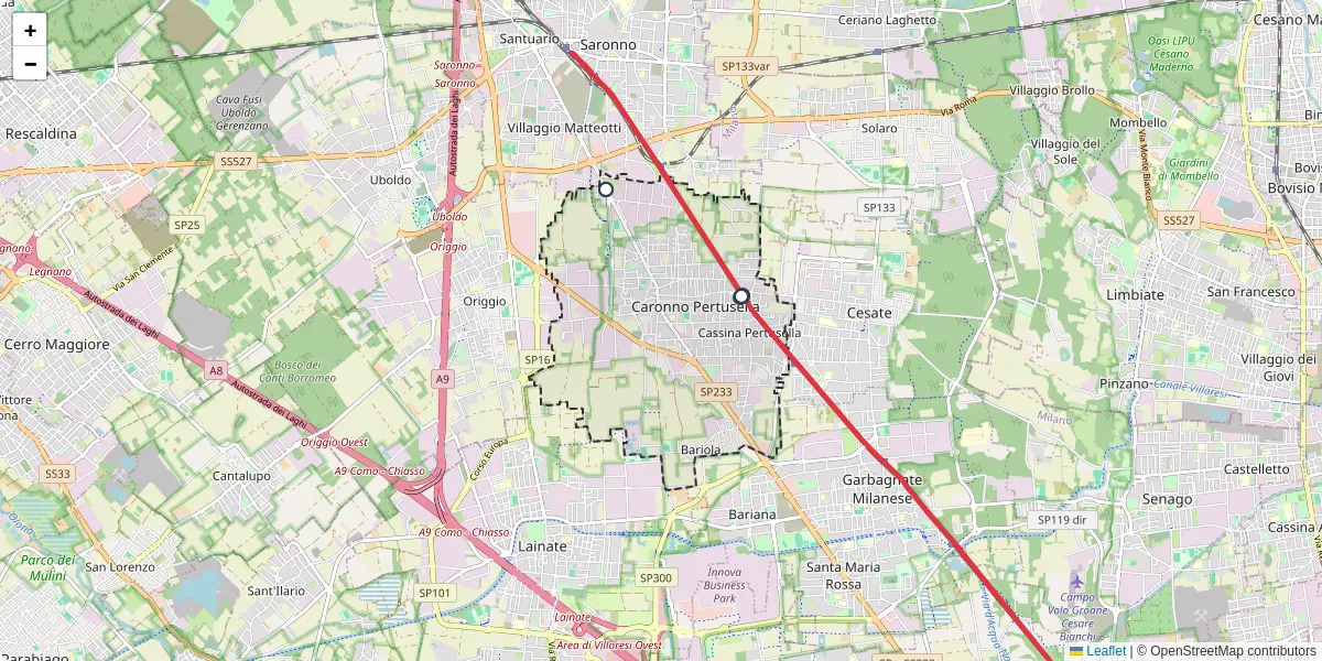 Mappa dettagliata del trasporto pubblico a Caronno Pertusella con linee autobus, tram e collegamenti
