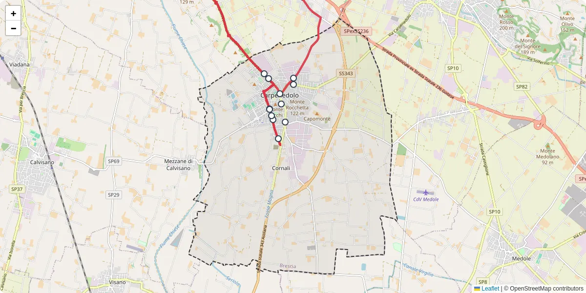 Mappa dettagliata del trasporto pubblico a Carpenedolo con linee autobus, tram e collegamenti