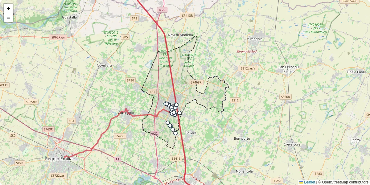 Mappa dettagliata del trasporto pubblico a Carpi con linee autobus, tram e collegamenti