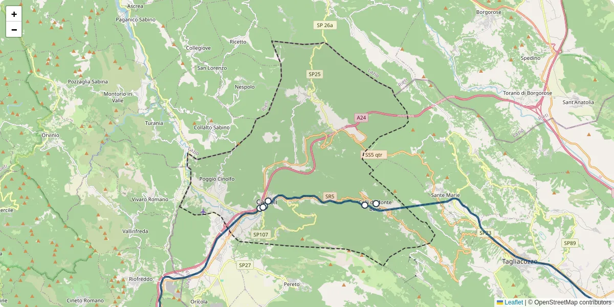 Mappa dettagliata del trasporto pubblico a Carsoli con linee autobus, tram e collegamenti