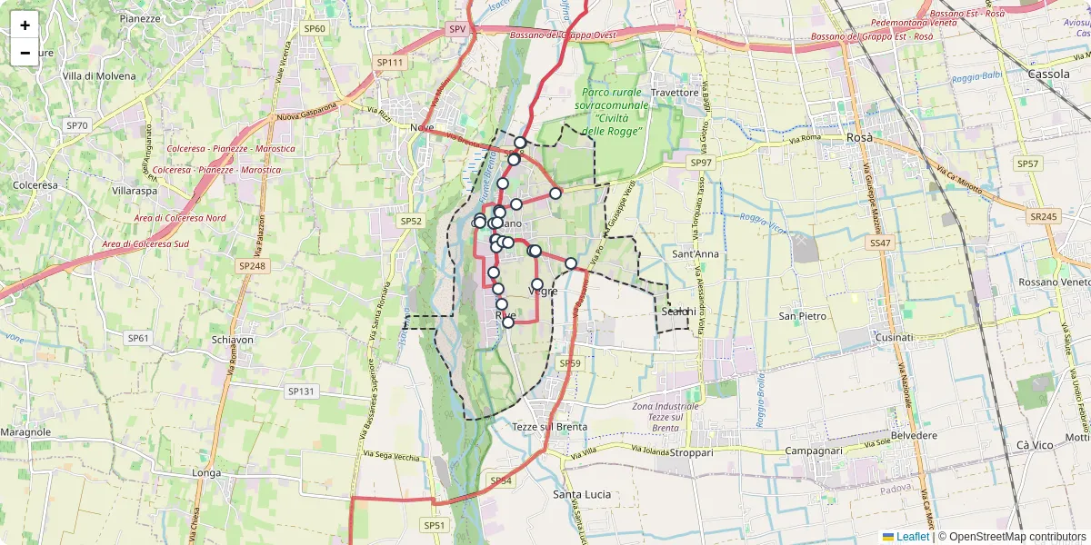 Mappa dettagliata del trasporto pubblico a Cartigliano con linee autobus, tram e collegamenti