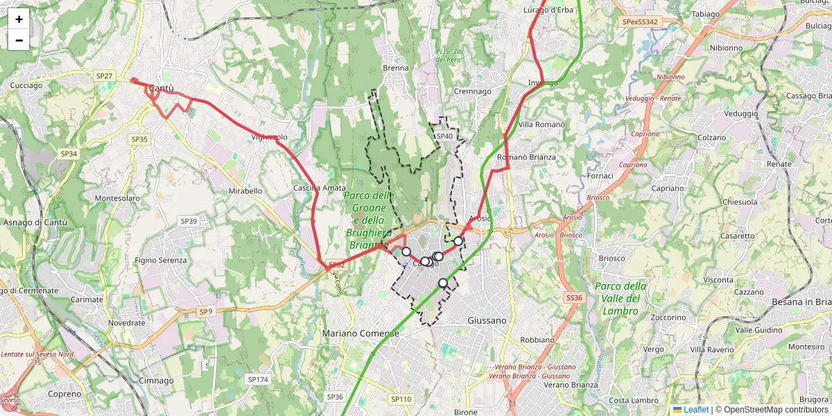 Mappa dettagliata del trasporto pubblico a Carugo con linee autobus, tram e collegamenti