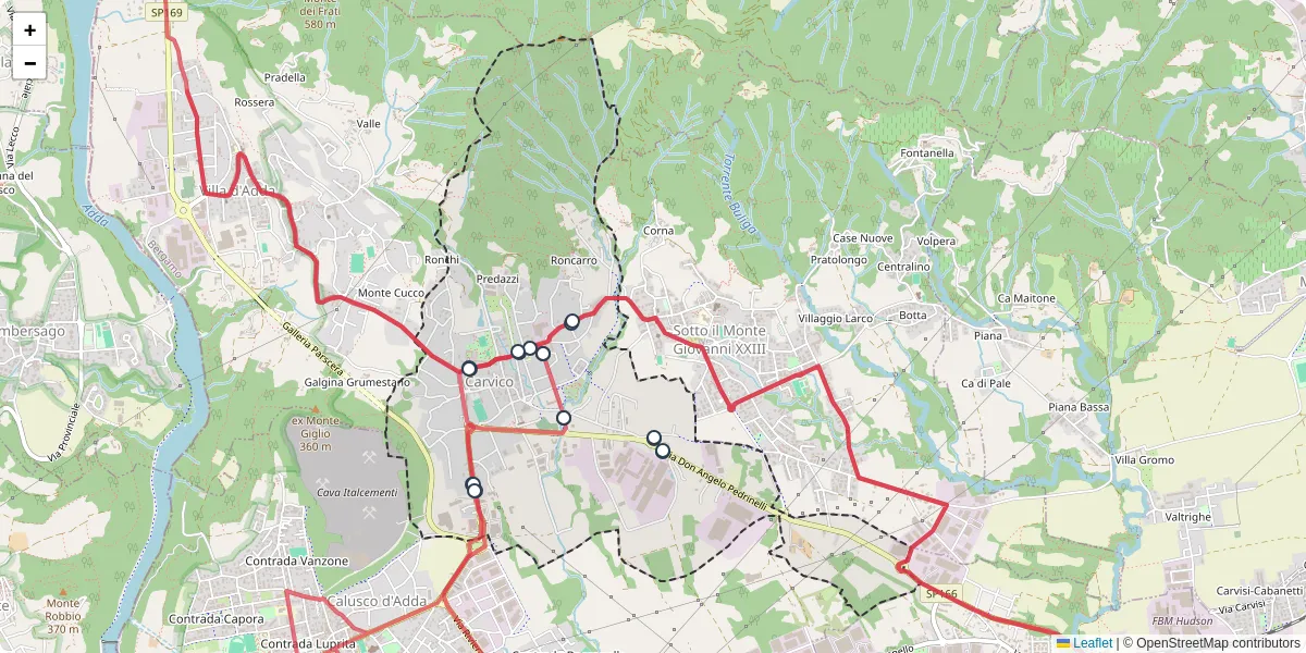 Mappa dettagliata del trasporto pubblico a Carvico con linee autobus, tram e collegamenti