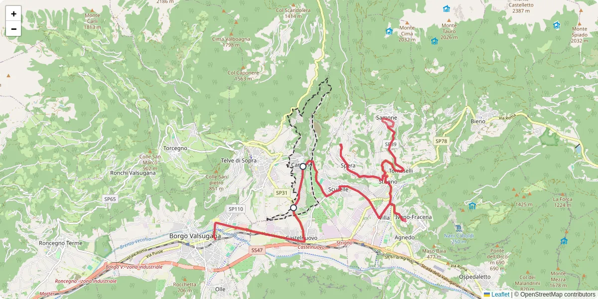 Mappa dettagliata del trasporto pubblico a Carzano con linee autobus, tram e collegamenti