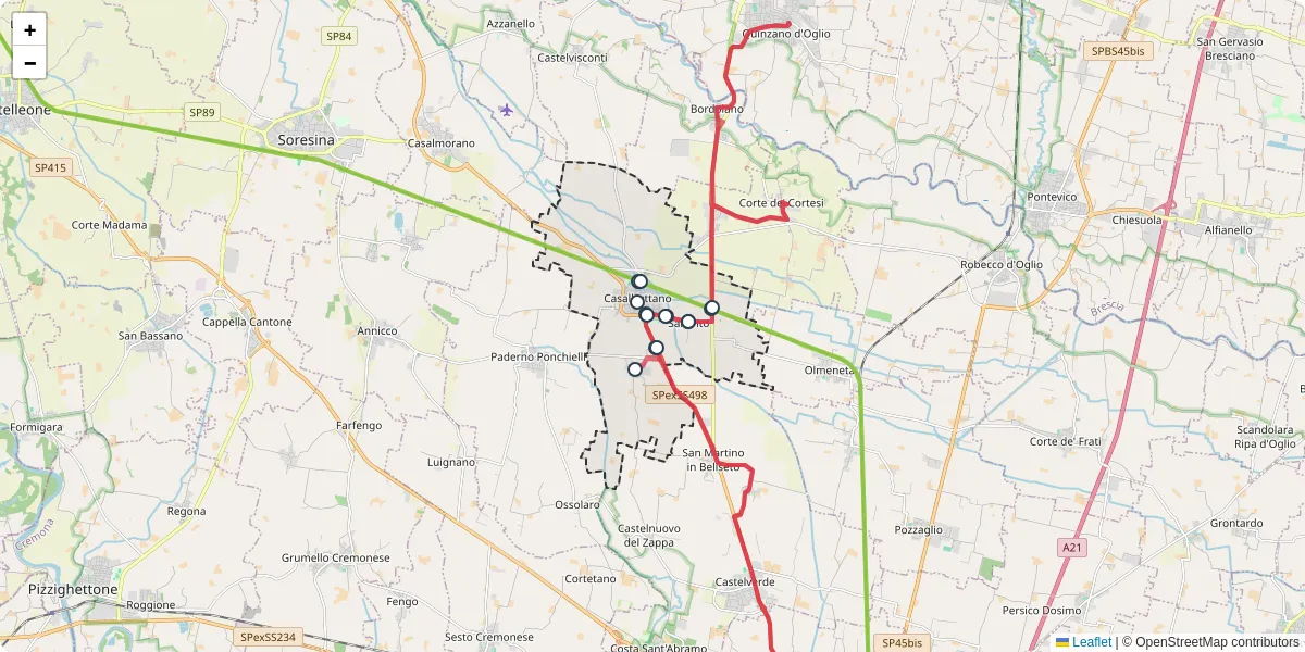 Mappa dettagliata del trasporto pubblico a Casalbuttano ed Uniti con linee autobus, tram e collegamenti