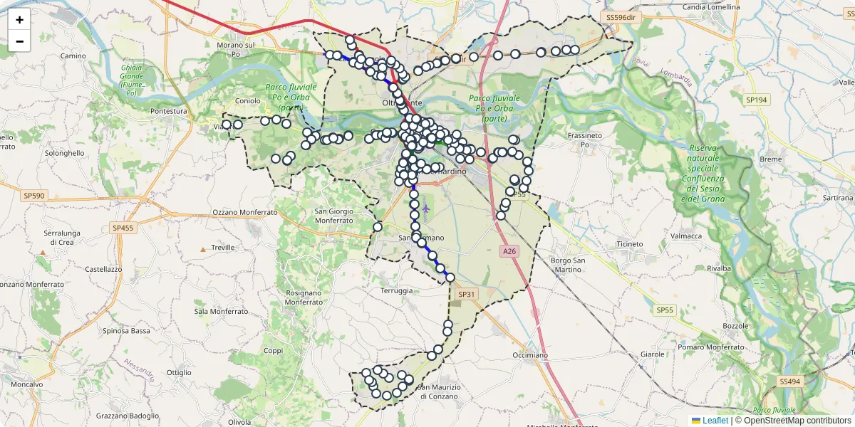 Mappa dettagliata del trasporto pubblico a Casale Monferrato con linee autobus, tram e collegamenti