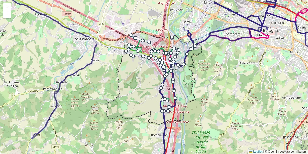 Mappa dettagliata del trasporto pubblico a Casalecchio di Reno con linee autobus, tram e collegamenti