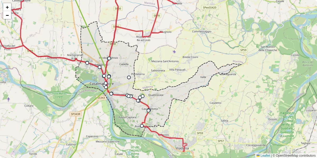 Mappa dettagliata del trasporto pubblico a Casalmaggiore con linee autobus, tram e collegamenti