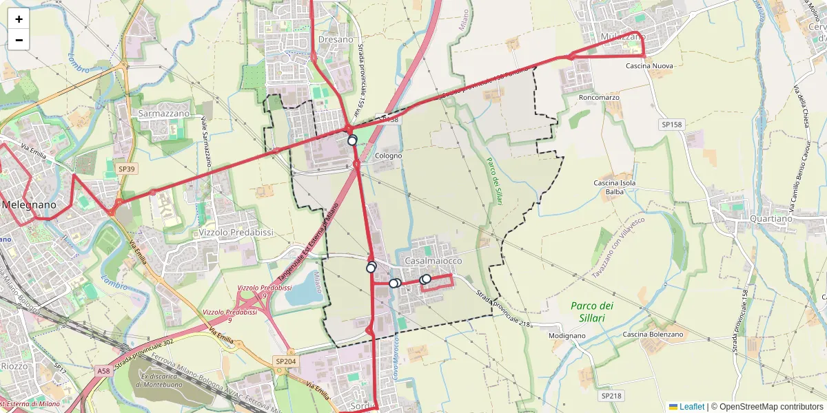 Mappa dettagliata del trasporto pubblico a Casalmaiocco con linee autobus, tram e collegamenti