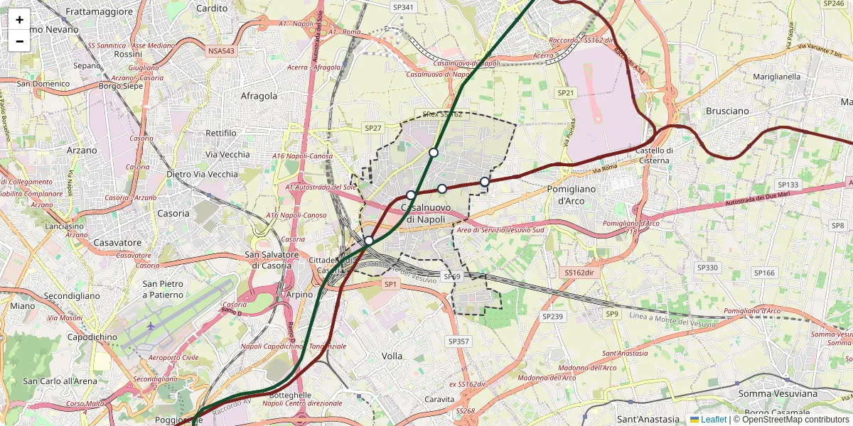 Mappa dettagliata del trasporto pubblico a Casalnuovo di Napoli con linee autobus, tram e collegamenti