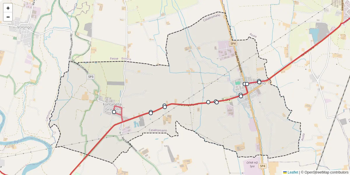 Mappa dettagliata del trasporto pubblico a Casalromano con linee autobus, tram e collegamenti