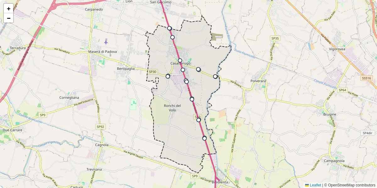 Mappa dettagliata del trasporto pubblico a Casalserugo con linee autobus, tram e collegamenti