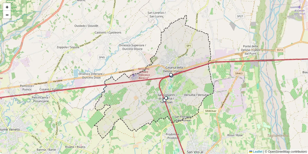 Mappa dettagliata del trasporto pubblico a Casarsa della Delizia / Cjasarse con linee autobus, tram e collegamenti