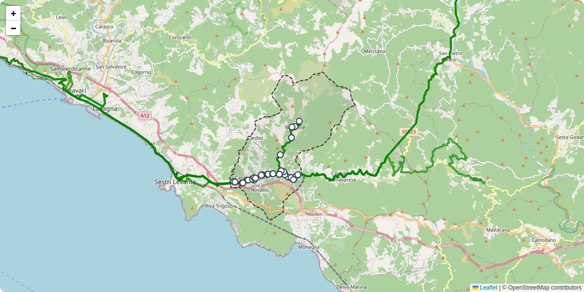 Mappa dettagliata del trasporto pubblico a Casarza Ligure con linee autobus, tram e collegamenti