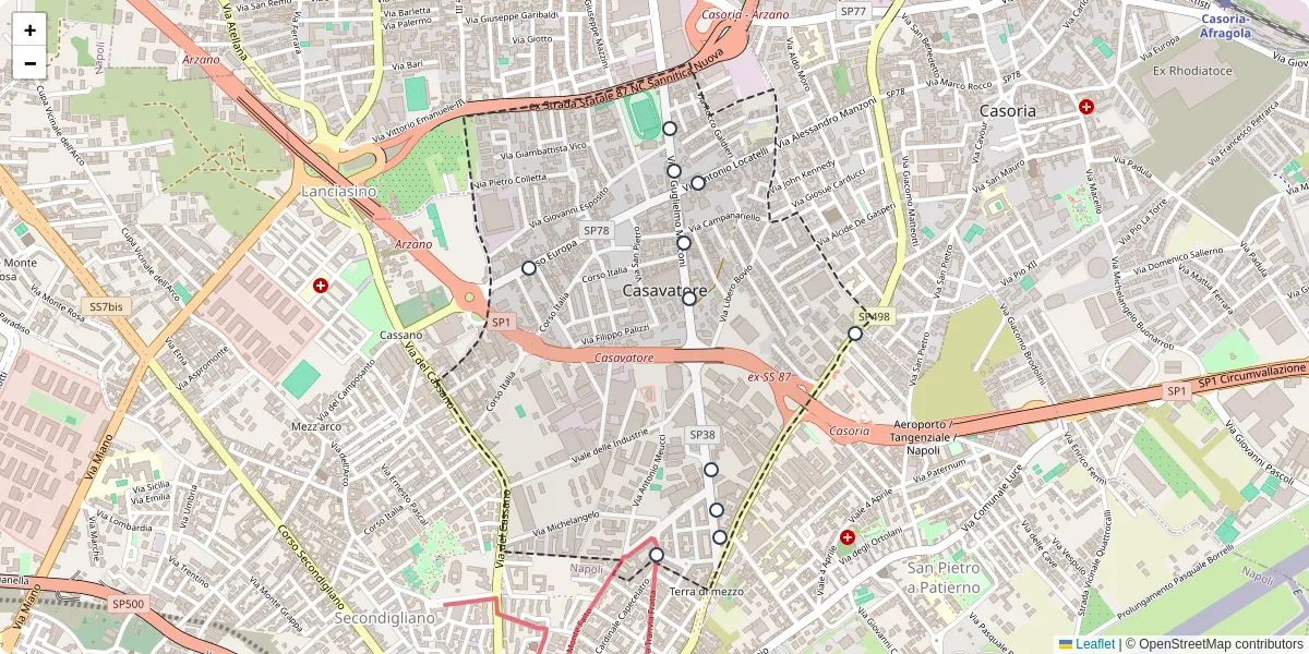 Mappa dettagliata del trasporto pubblico a Casavatore con linee autobus, tram e collegamenti