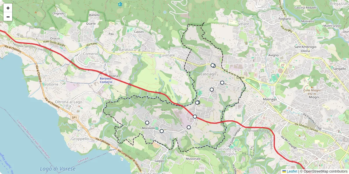 Mappa dettagliata del trasporto pubblico a Casciago con linee autobus, tram e collegamenti