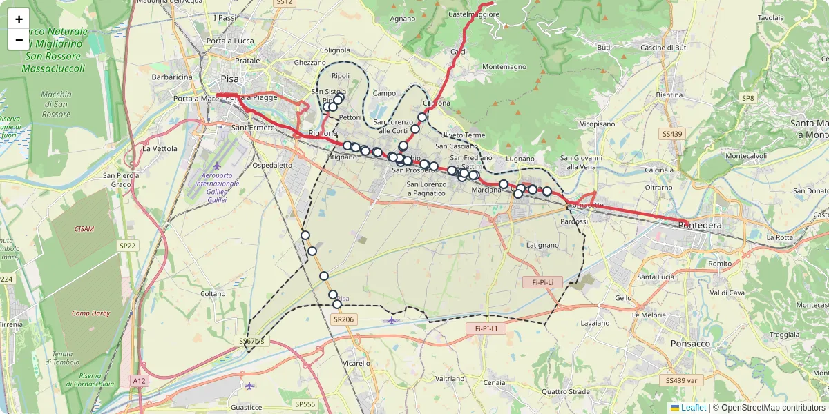 Mappa dettagliata del trasporto pubblico a Cascina con linee autobus, tram e collegamenti
