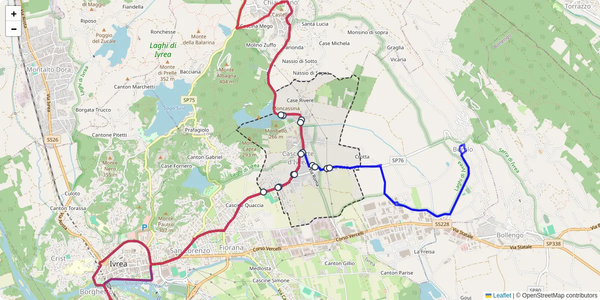 Mappa dettagliata del trasporto pubblico a Cascinette d'Ivrea con linee autobus, tram e collegamenti
