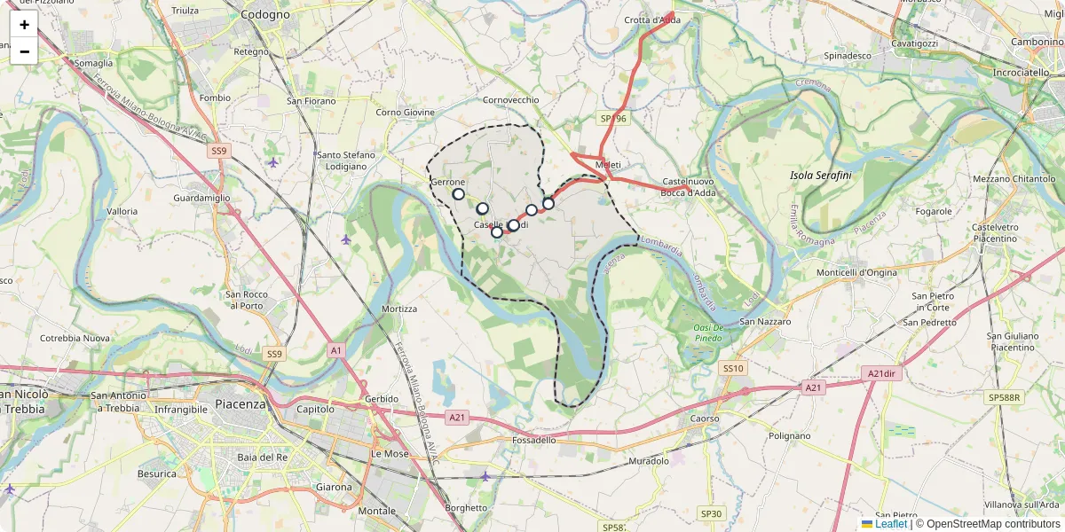 Mappa dettagliata del trasporto pubblico a Caselle Landi con linee autobus, tram e collegamenti