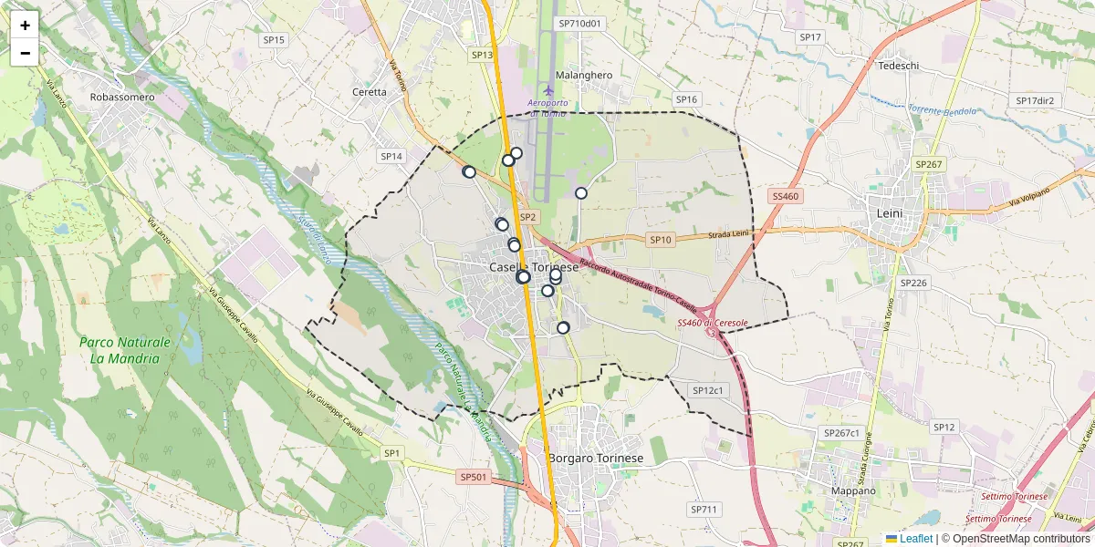 Mappa dettagliata del trasporto pubblico a Caselle Torinese con linee autobus, tram e collegamenti