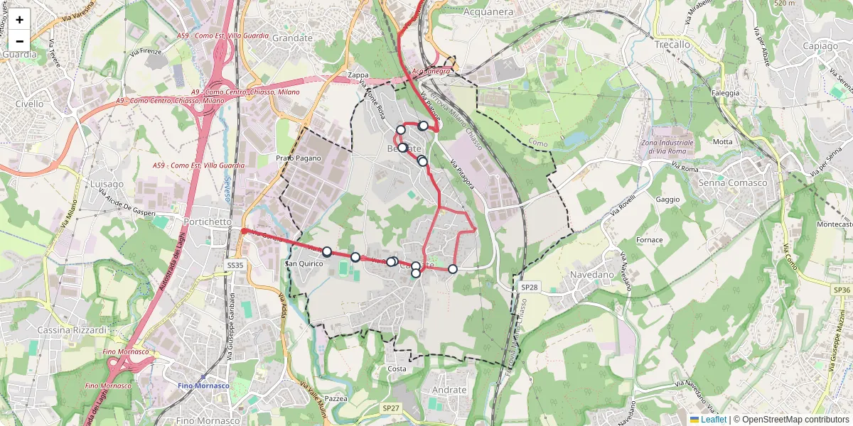 Mappa dettagliata del trasporto pubblico a Casnate con Bernate con linee autobus, tram e collegamenti