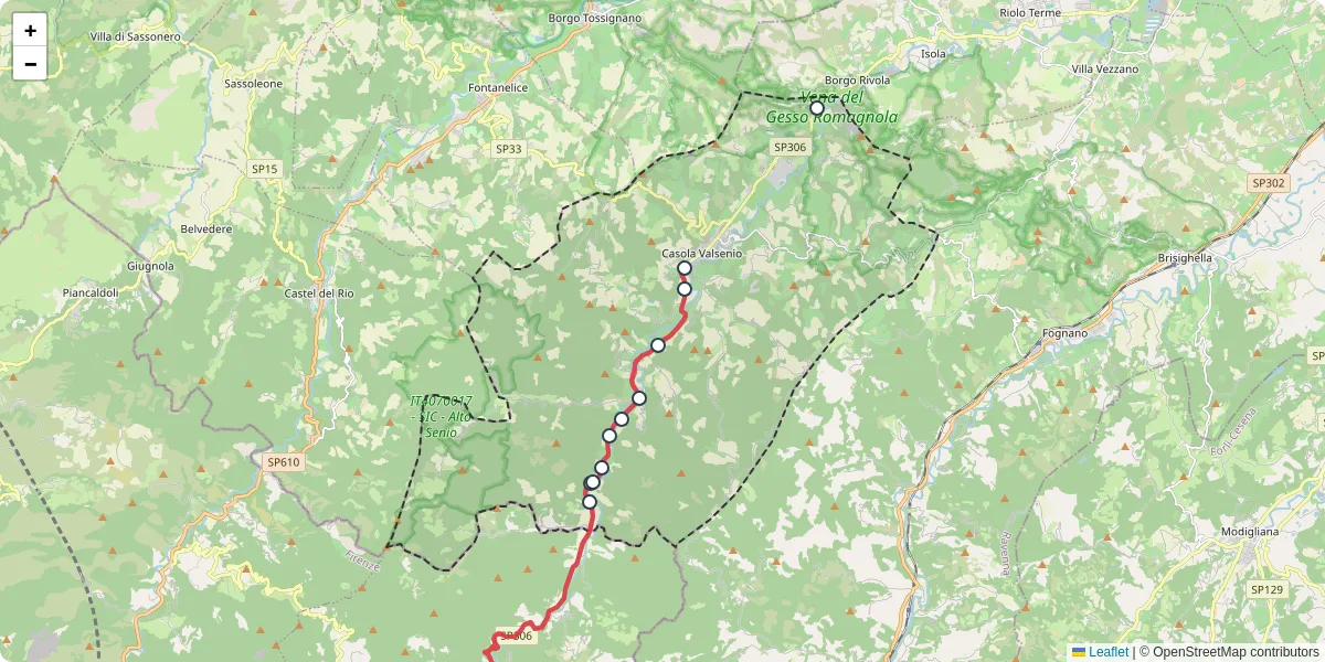 Mappa dettagliata del trasporto pubblico a Casola Valsenio con linee autobus, tram e collegamenti