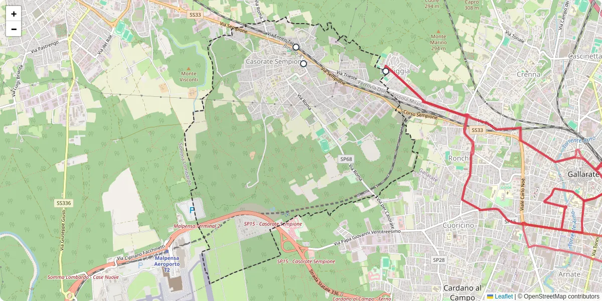 Mappa dettagliata del trasporto pubblico a Casorate Sempione con linee autobus, tram e collegamenti