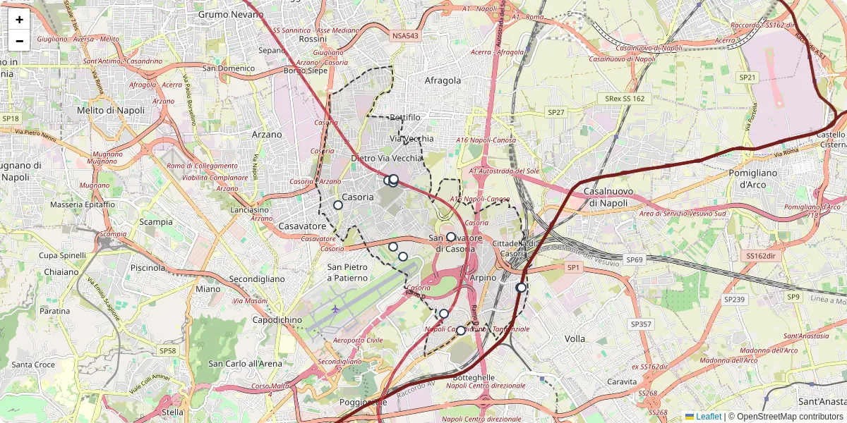 Mappa dettagliata del trasporto pubblico a Casoria con linee autobus, tram e collegamenti