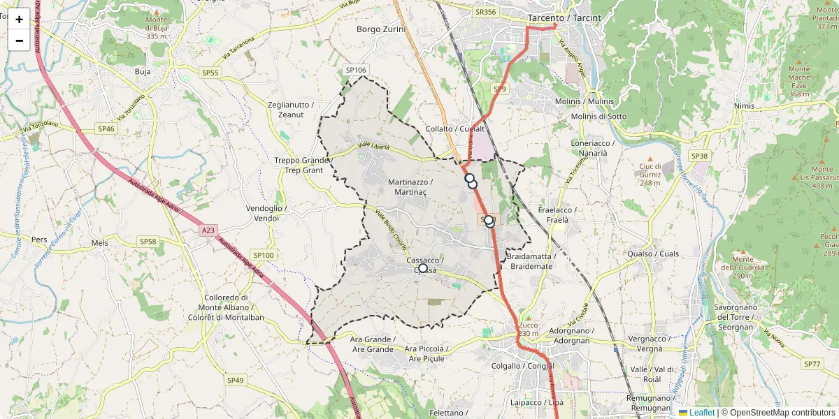 Mappa dettagliata del trasporto pubblico a Cassacco / Cjassà con linee autobus, tram e collegamenti