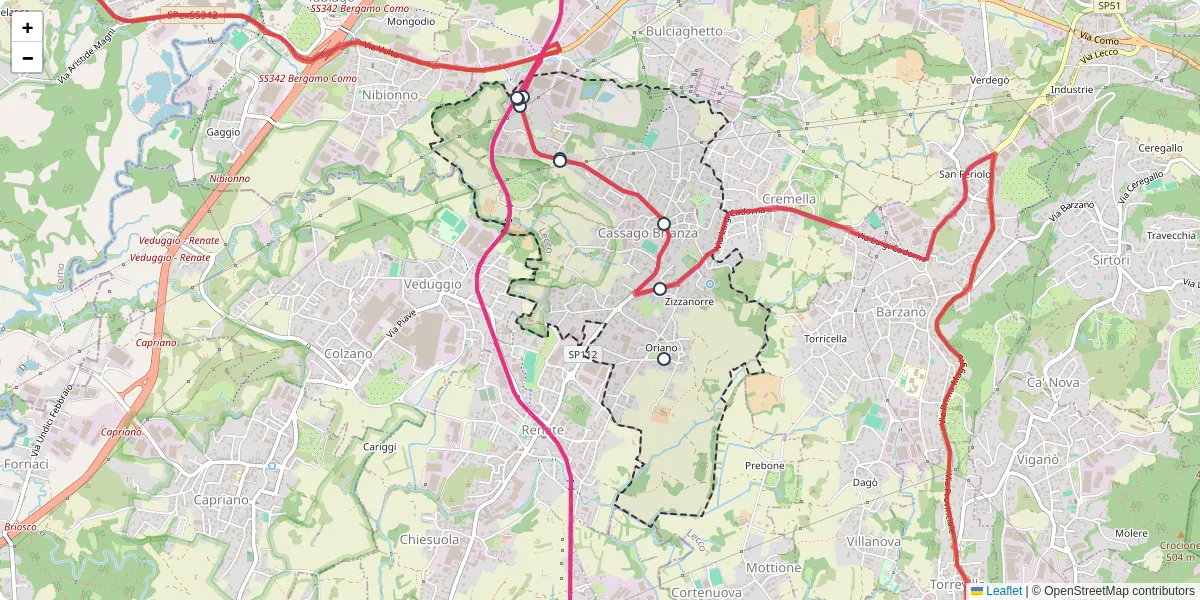Mappa dettagliata del trasporto pubblico a Cassago Brianza con linee autobus, tram e collegamenti