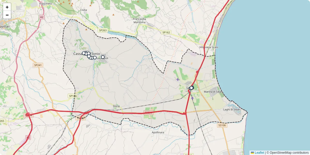 Mappa dettagliata del trasporto pubblico a Cassano all'Ionio con linee autobus, tram e collegamenti