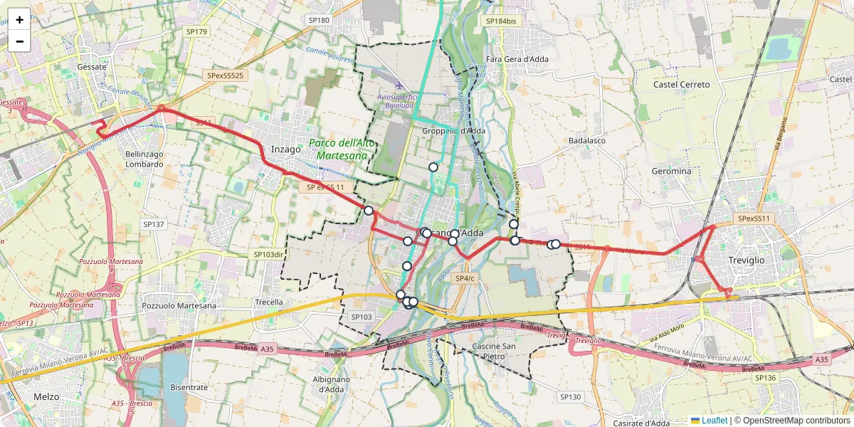 Mappa dettagliata del trasporto pubblico a Cassano d'Adda con linee autobus, tram e collegamenti