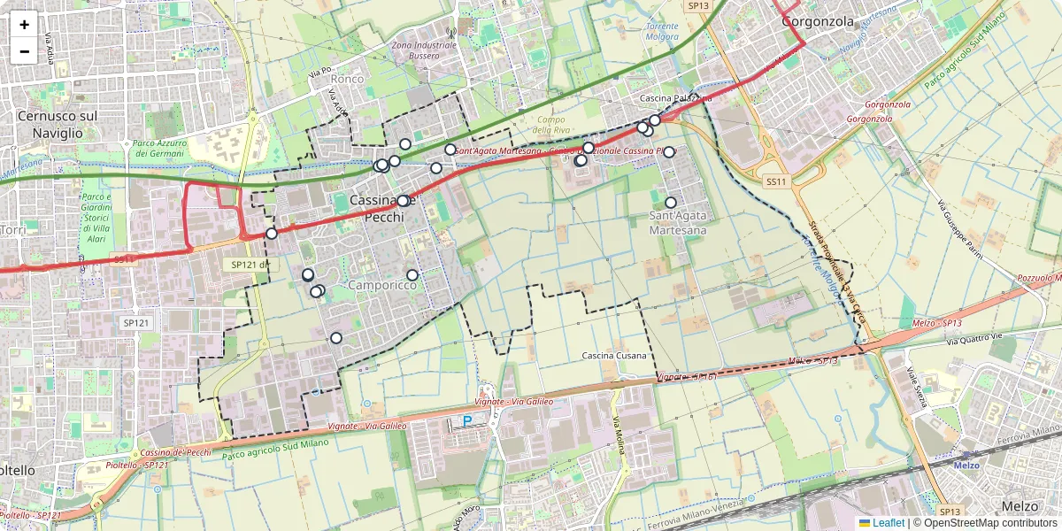 Mappa dettagliata del trasporto pubblico a Cassina de' Pecchi con linee autobus, tram e collegamenti