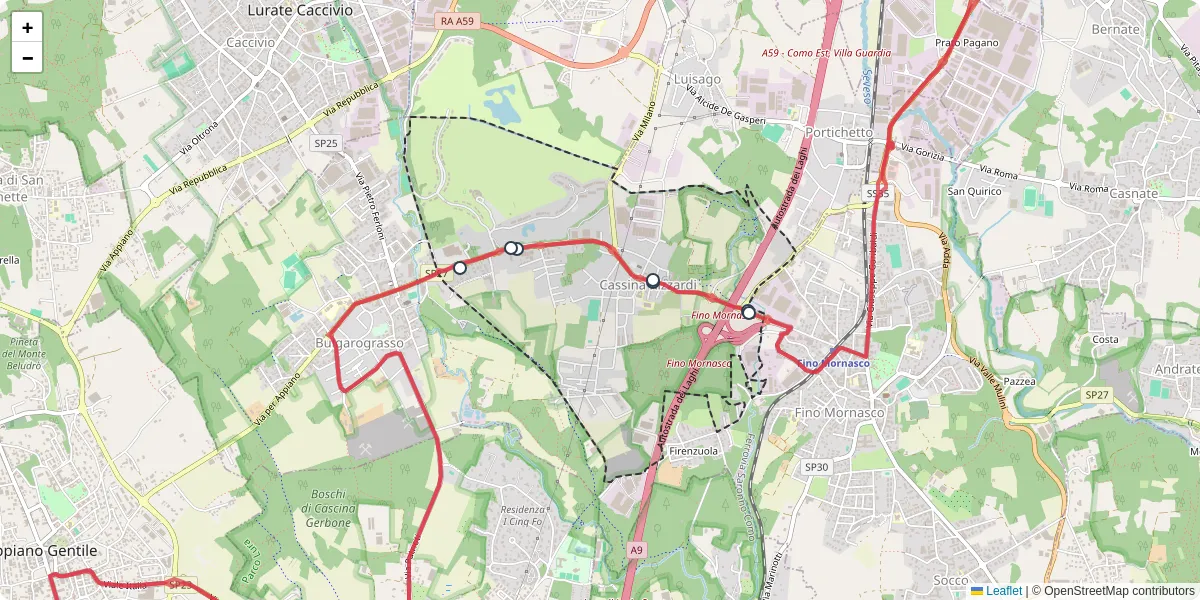 Mappa dettagliata del trasporto pubblico a Cassina Rizzardi con linee autobus, tram e collegamenti