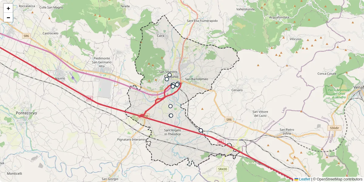 Mappa dettagliata del trasporto pubblico a Cassino con linee autobus, tram e collegamenti