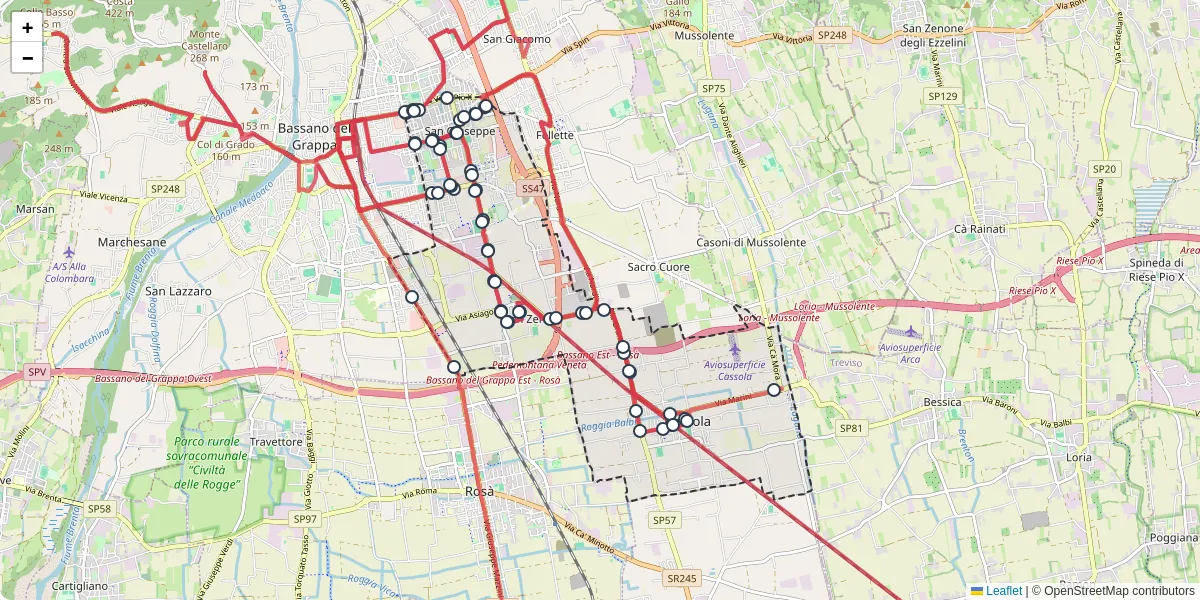 Mappa dettagliata del trasporto pubblico a Cassola con linee autobus, tram e collegamenti