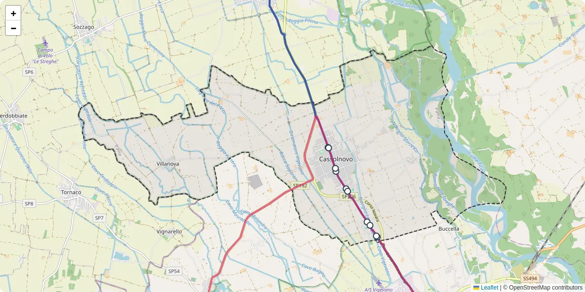 Mappa dettagliata del trasporto pubblico a Cassolnovo con linee autobus, tram e collegamenti