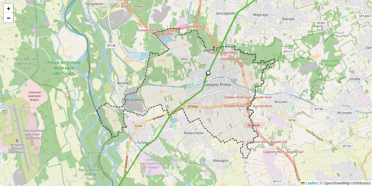 Mappa dettagliata del trasporto pubblico a Castano Primo con linee autobus, tram e collegamenti