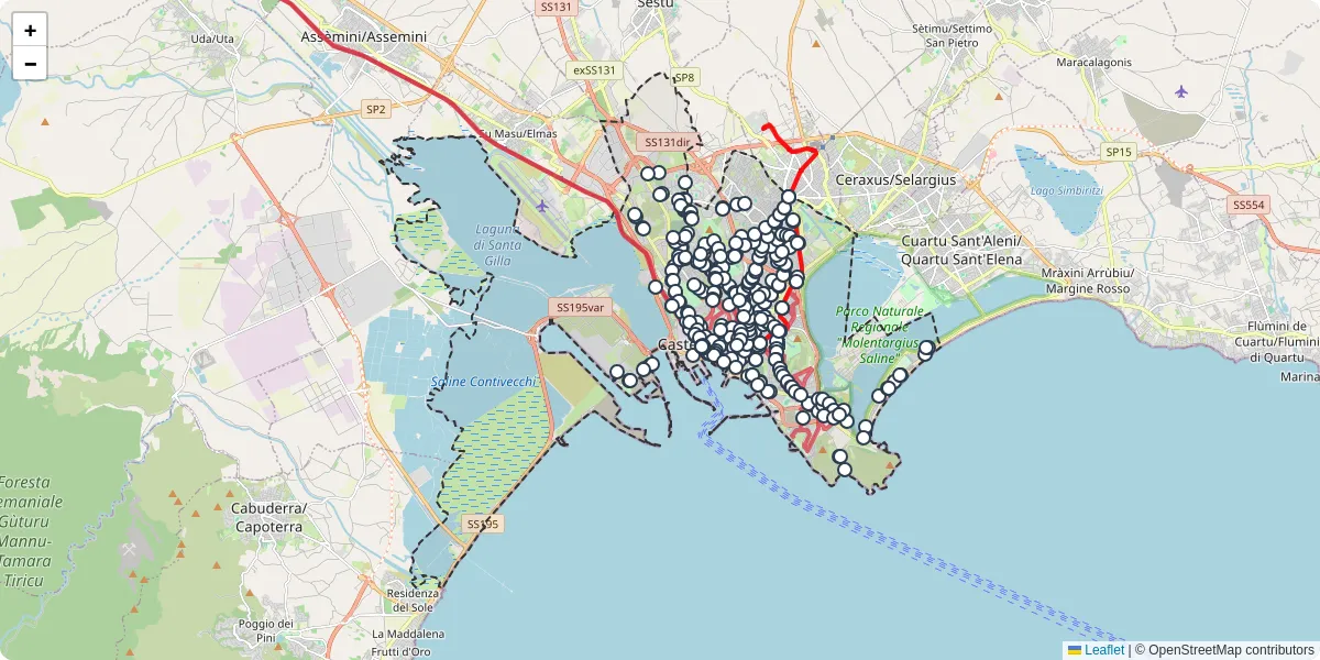 Mappa dettagliata del trasporto pubblico a Casteddu/Cagliari con linee autobus, tram e collegamenti
