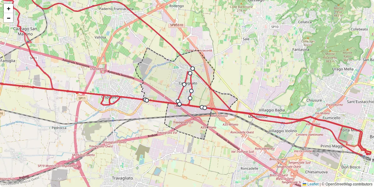 Mappa dettagliata del trasporto pubblico a Castegnato con linee autobus, tram e collegamenti